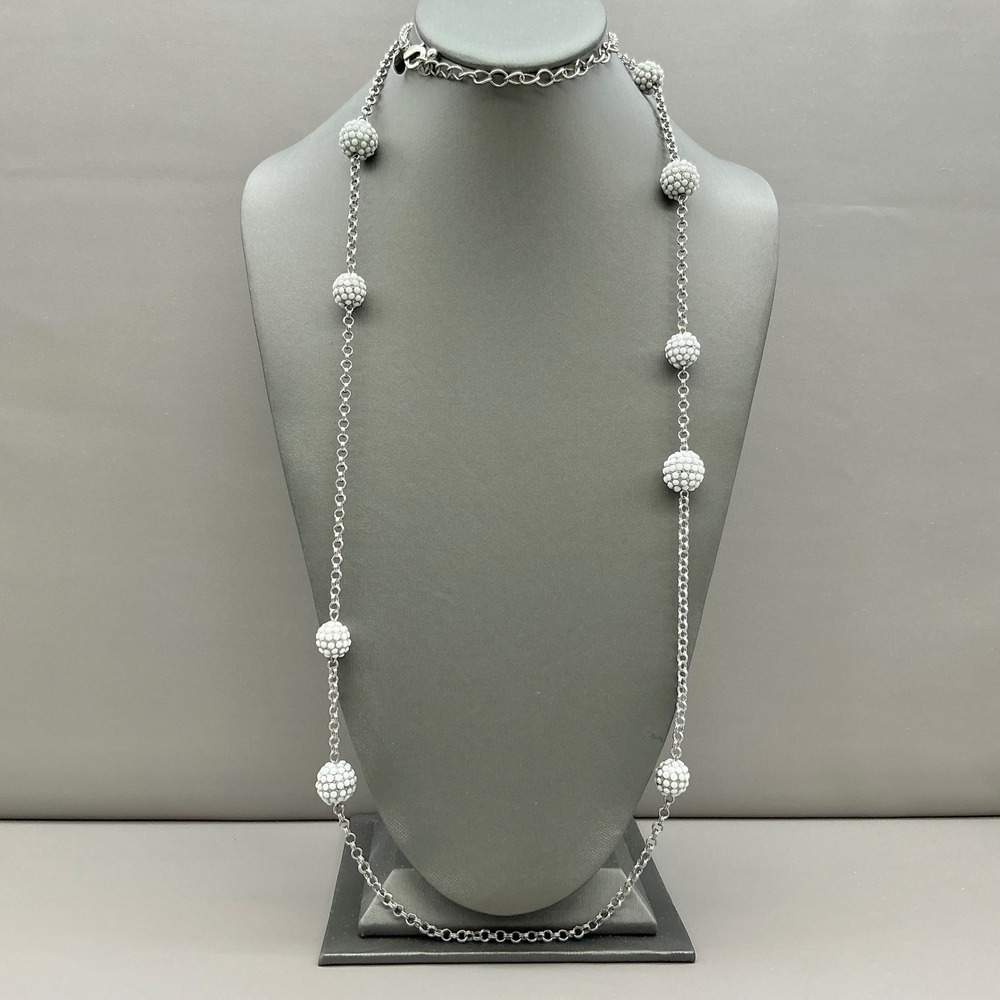 Chico's Long Beaded Station Necklace Women Silver White Textured Ball Chain